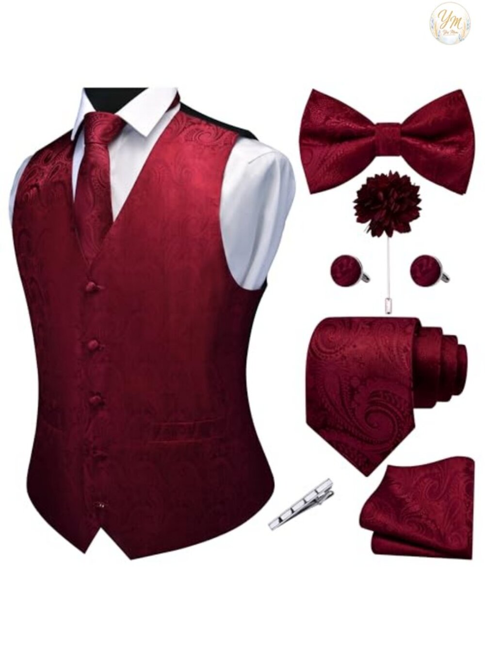 Men's V-Neck Formal Suit Vest Paisley Jacquard 7 Piece Set with Tie Bow Tie